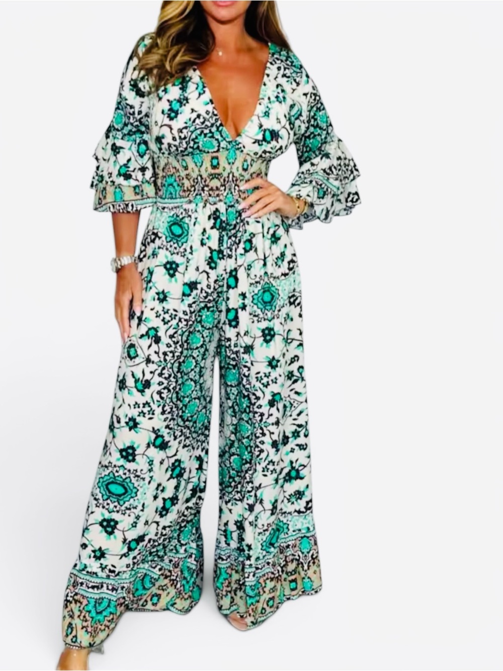 White Floral Print Wide-Leg Jumpsuit